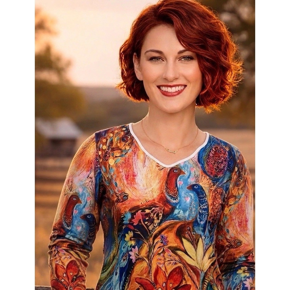 MISS LOOK Top  Sz M Art to Wear Knit LS   Scalloped  Neckline Peacocks Vibrant